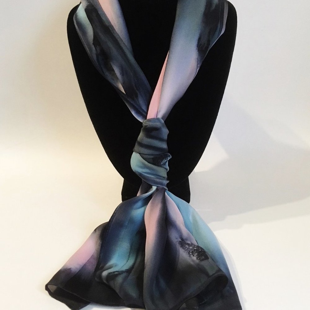 Hand Painted Silk Scarf Bubblegum Pink Blue Womens Unique Rectangle New Gift
